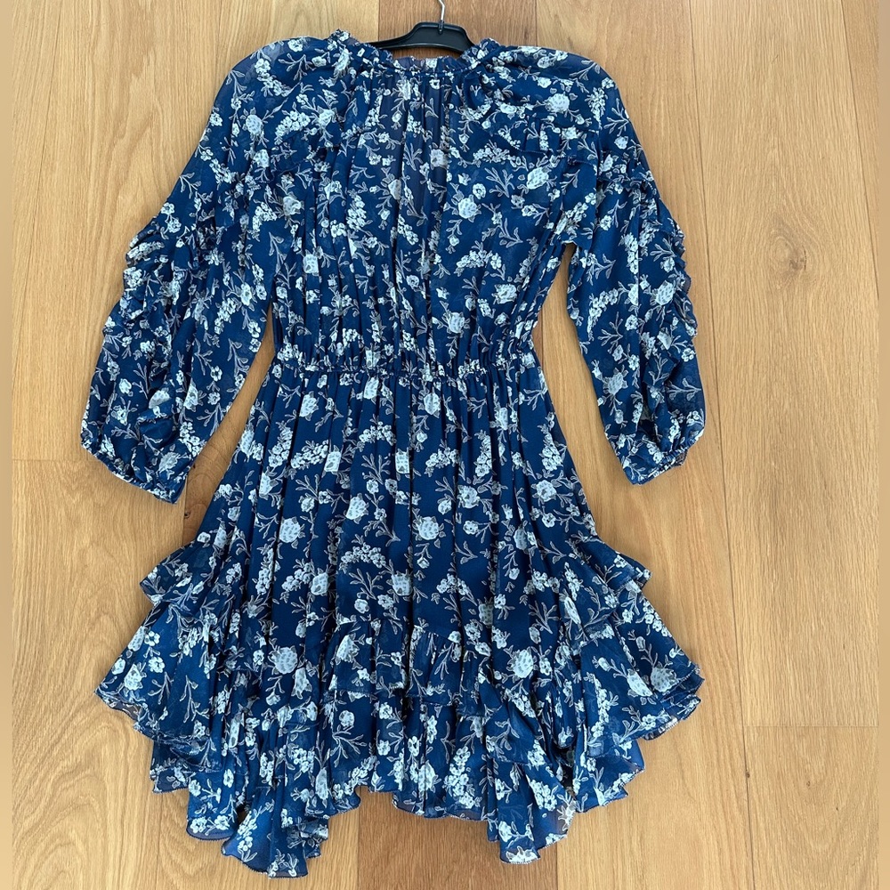Ulla Johnson - Navy Floral Silk Ruffle Long Sleeve Dress - 4/S - Picture 2 of 9